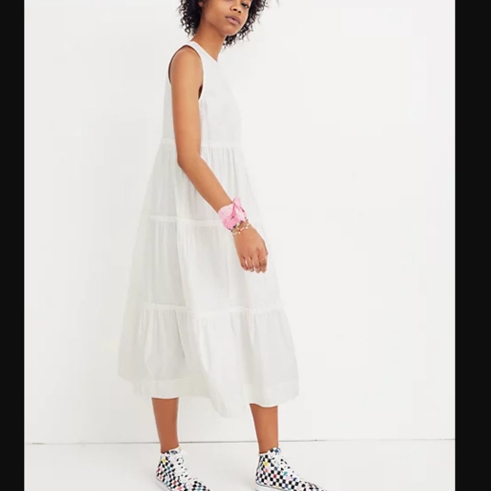 Madewell White Sleeveless Tiered Midi Dress